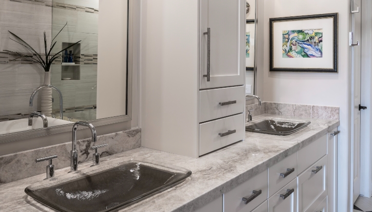 gray and white bathroom wall decor