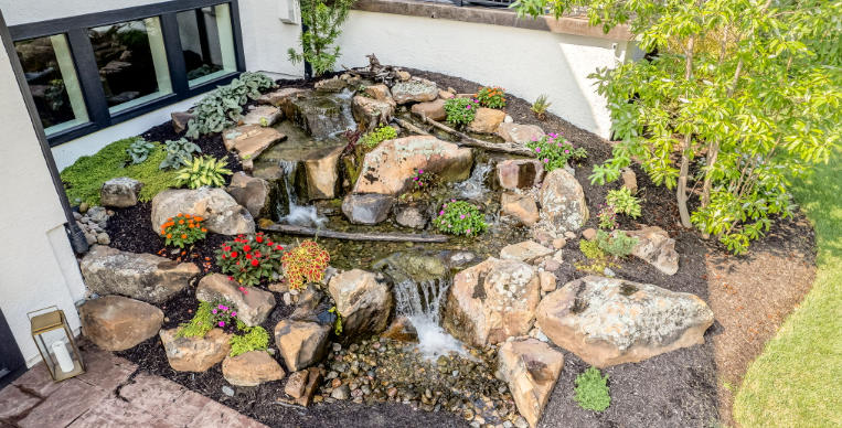Front yard with a small pond