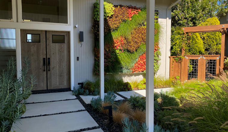 Front yard with vertical wall planters