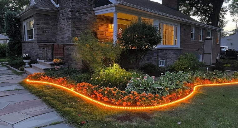 Front yard with garden lighting designs