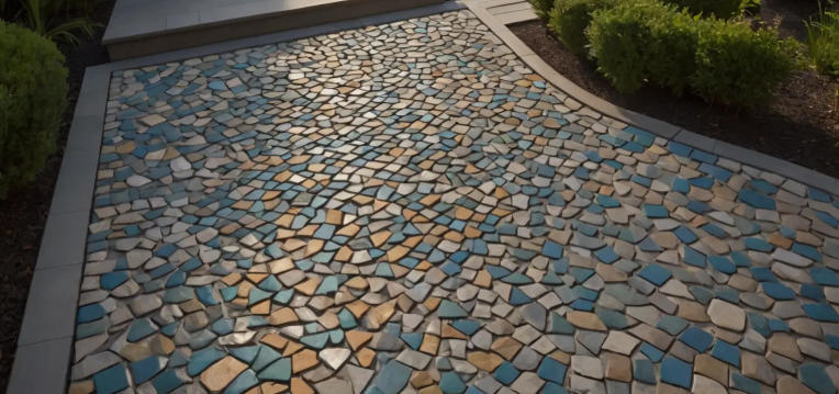 Front yard with colorful pavers