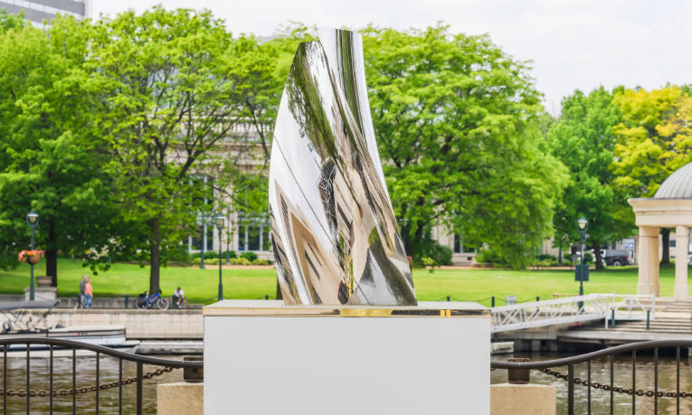 Front yard with artistic sculptures