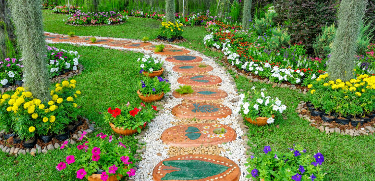 Front yard with creative rock arrangements