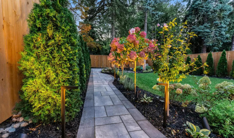 Front yard with stone pathways