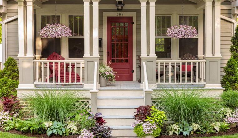 Front yard with modern planter boxes