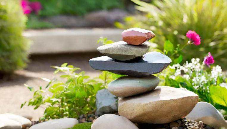 Front yard with creative rock stacking