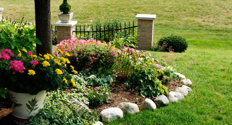 Front yard with themed garden corners