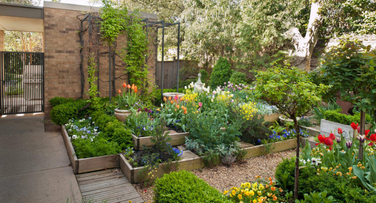 Front yard with layered planting ideas