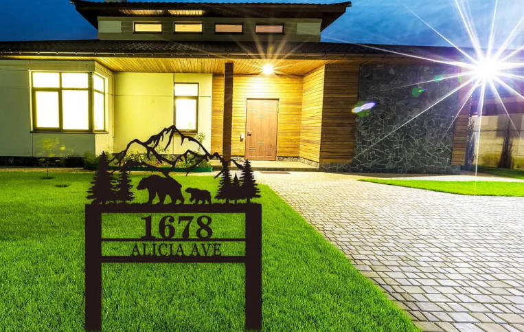 Front yard with custom garden signs