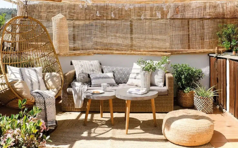 Outdoor Boho Decor with Rustic Wooden Benches