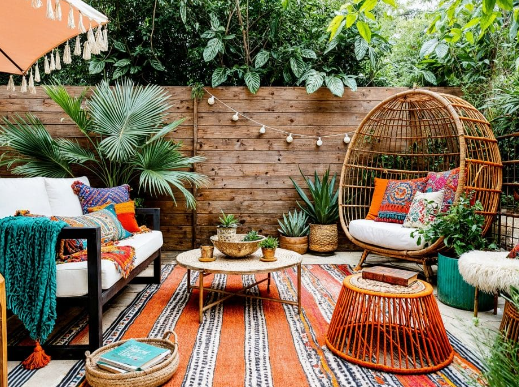 Boho Outdoor Decor Using Colorful Poufs